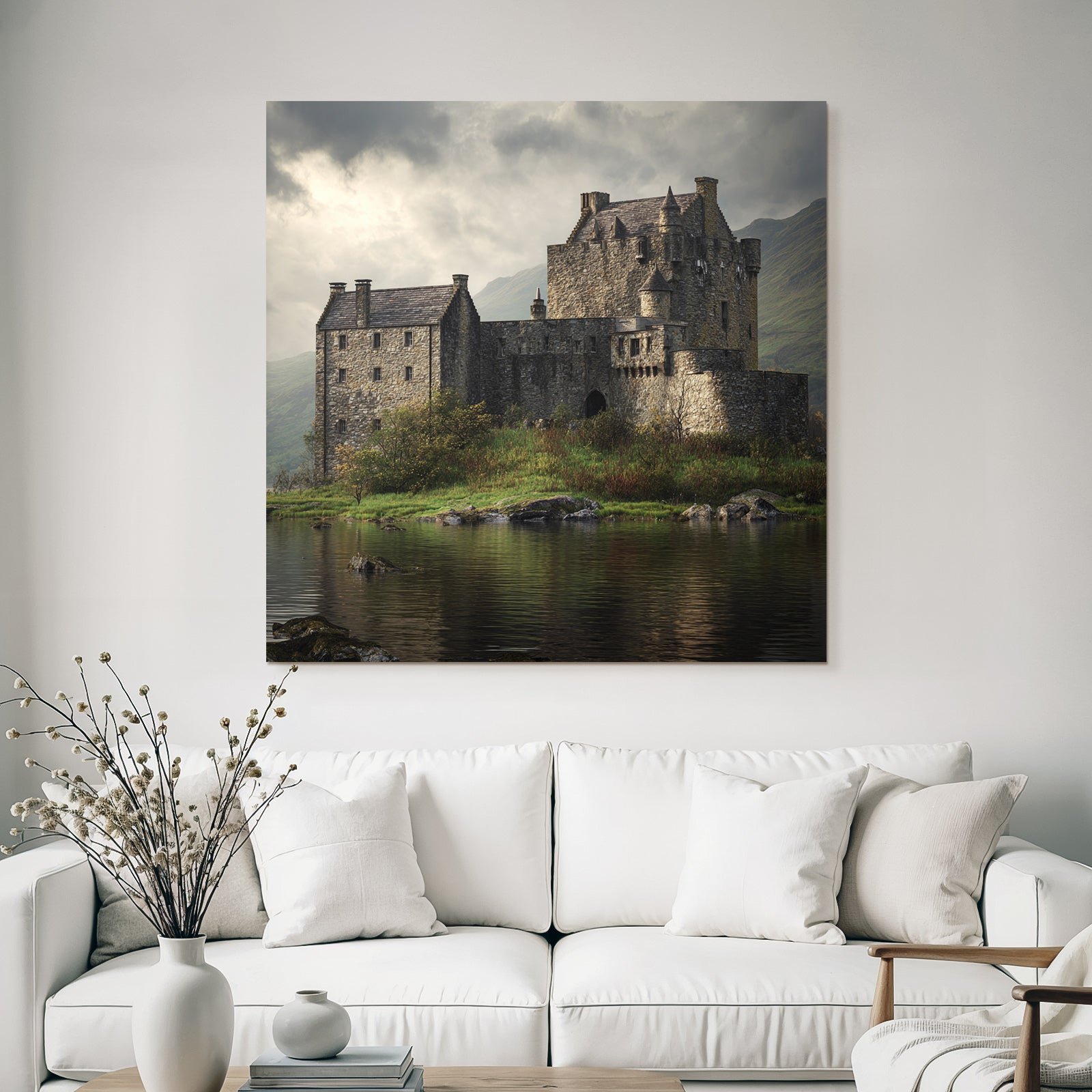 Stone castle on the water surrounded by green mountains in Moody style