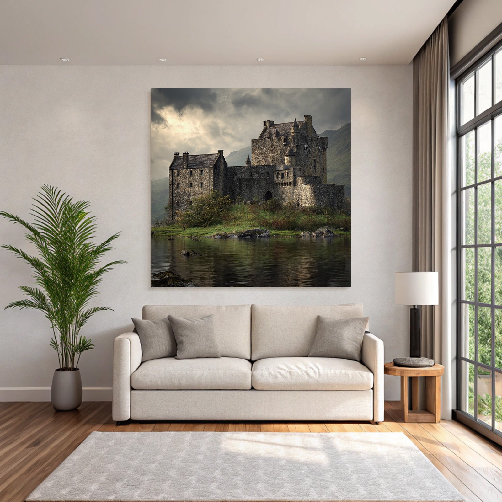 Stone castle on the water surrounded by green mountains in Moody style