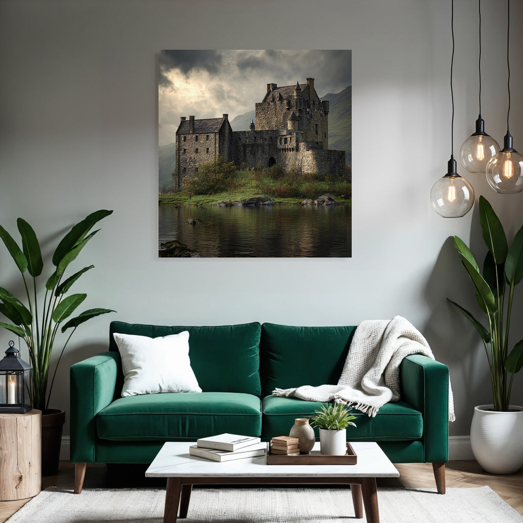 Stone castle on the water surrounded by green mountains in Moody style