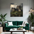 Stone castle on the water surrounded by green mountains in Moody style