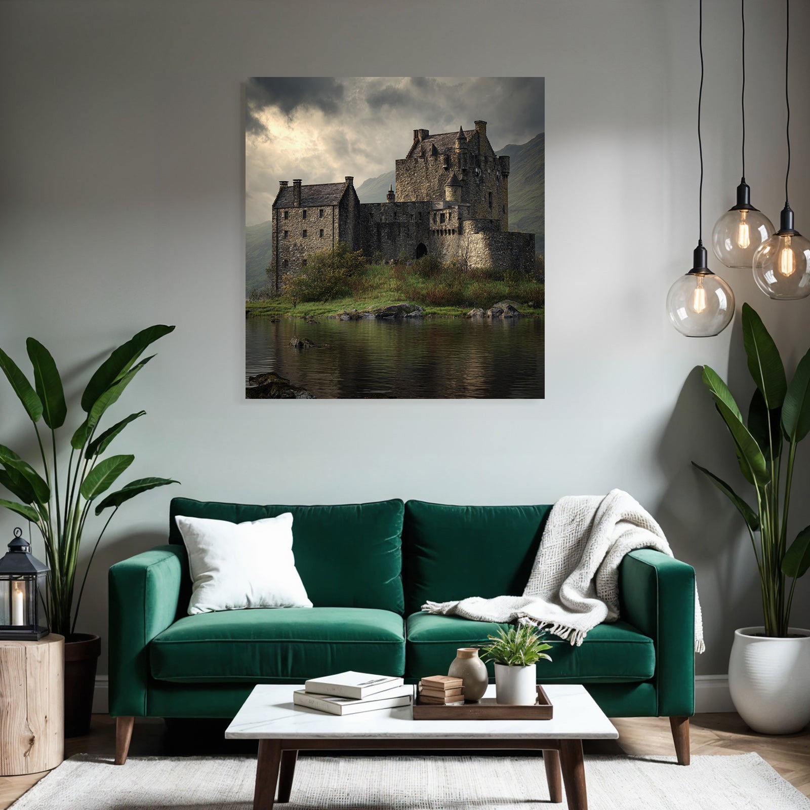 Stone castle on the water surrounded by green mountains in Moody style