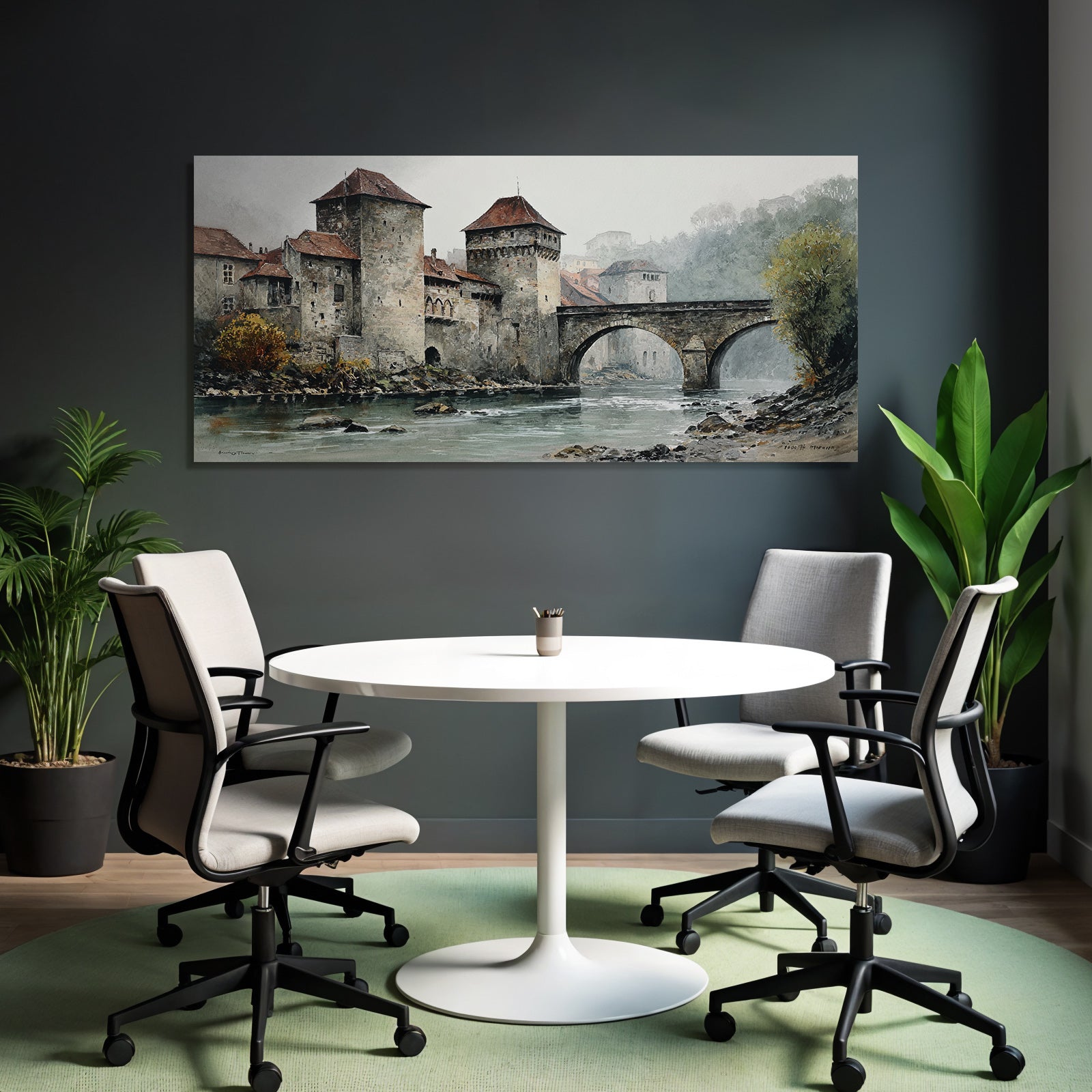 Altburg by the water Misty landscape Watercolor