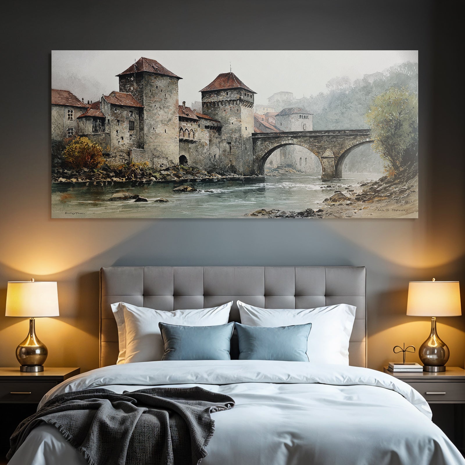 Altburg by the water Misty landscape Watercolor