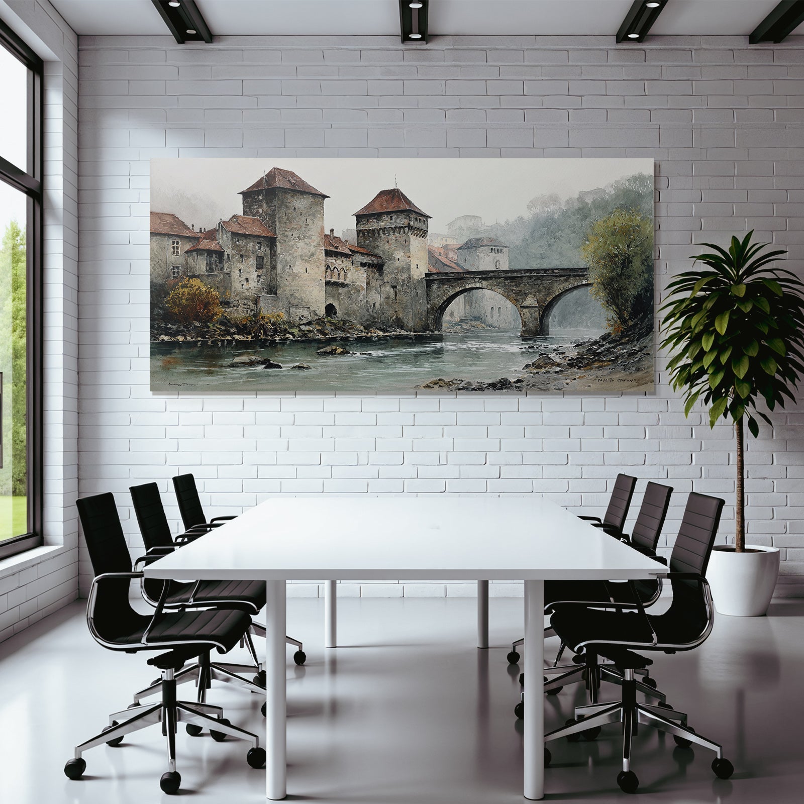 Altburg by the water Misty landscape Watercolor