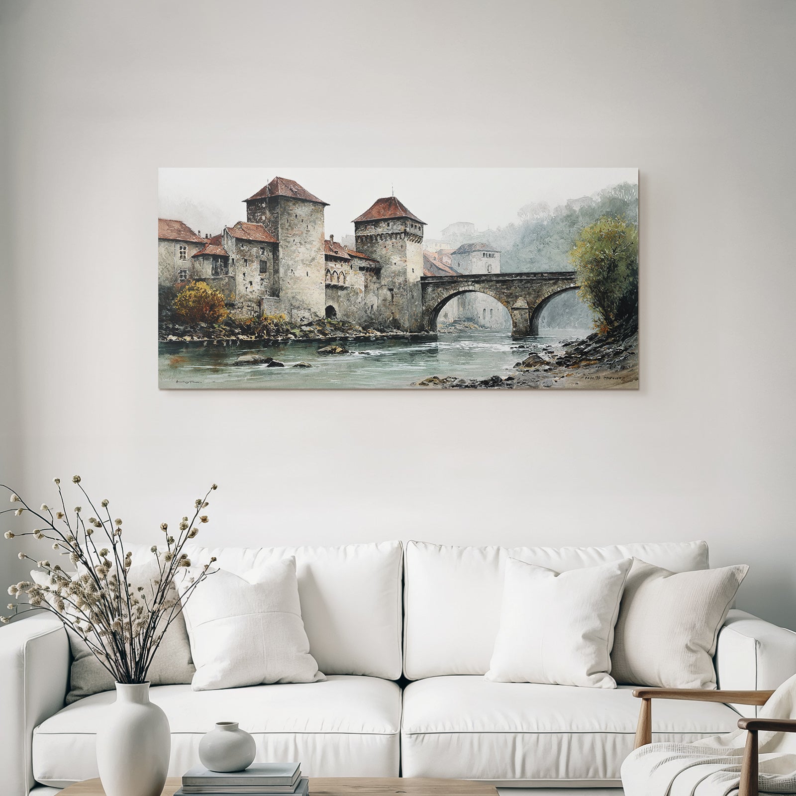 Altburg by the water Misty landscape Watercolor