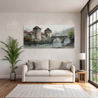 Altburg by the water Misty landscape Watercolor