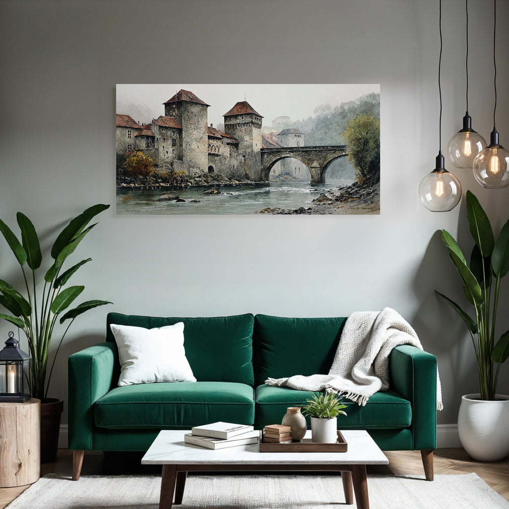 Altburg by the water Misty landscape Watercolor