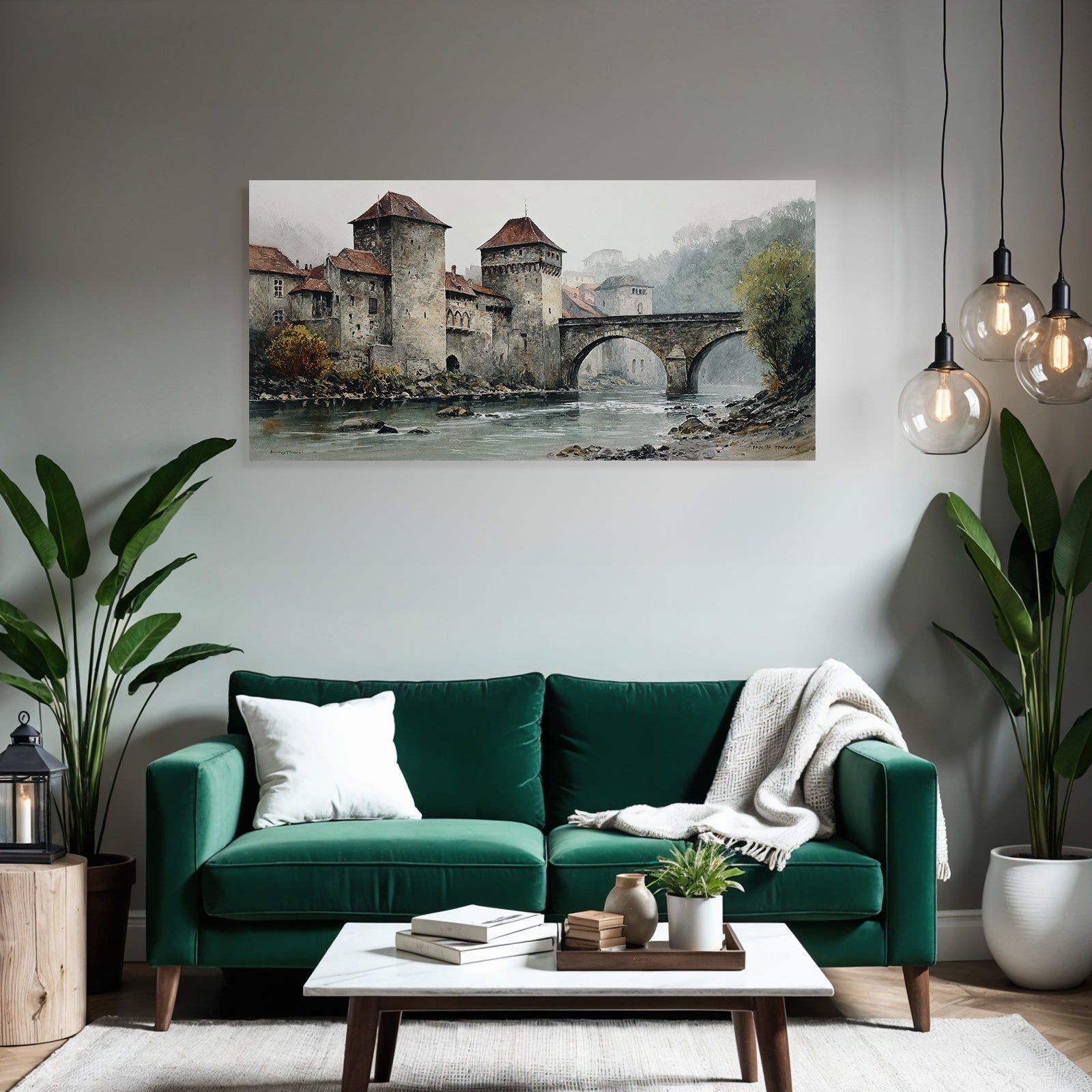 Altburg by the water Misty landscape Watercolor