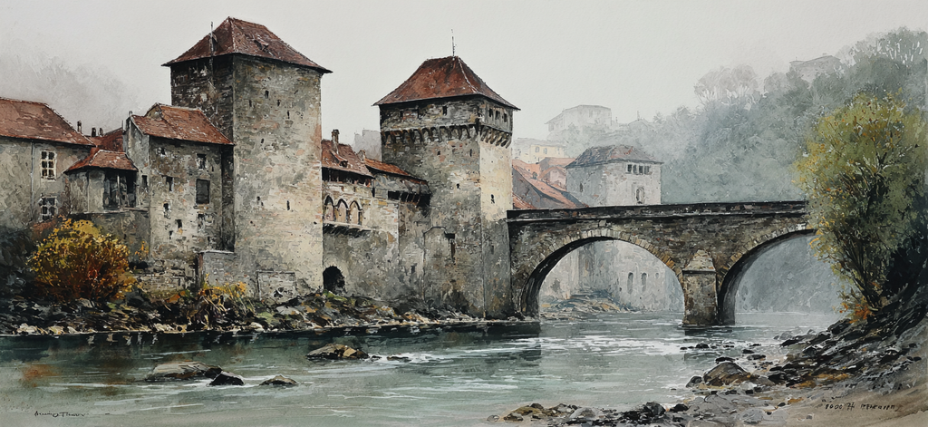 Altburg Am Wasser Nebelhafte Landschaft Aquarell | Scloesser und Burgen | Architektur
