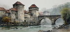 Altburg Am Wasser Nebelhafte Landschaft Aquarell | Scloesser und Burgen | Architektur