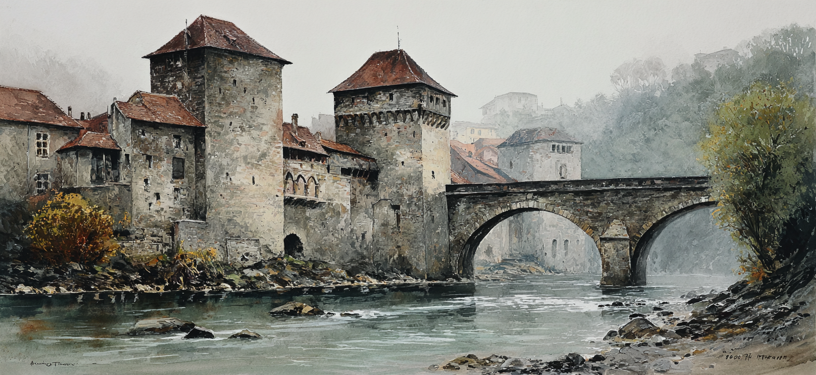 Altburg Am Wasser Nebelhafte Landschaft Aquarell | Scloesser und Burgen | Architektur