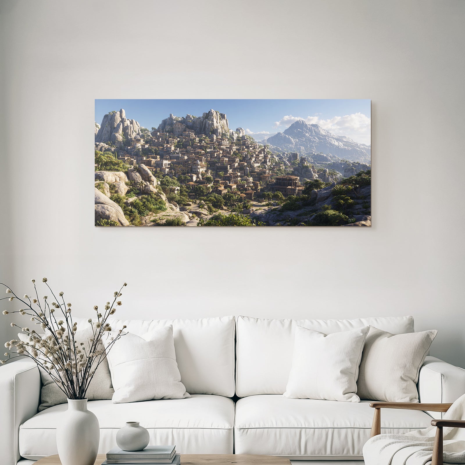 Old town in the mountains with green background