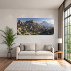 Old town in the mountains with green background
