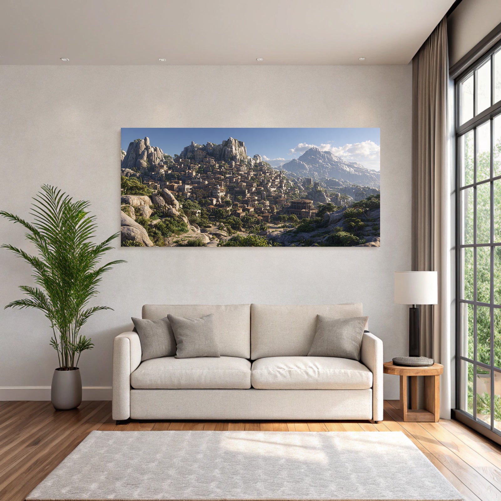 Old town in the mountains with green background
