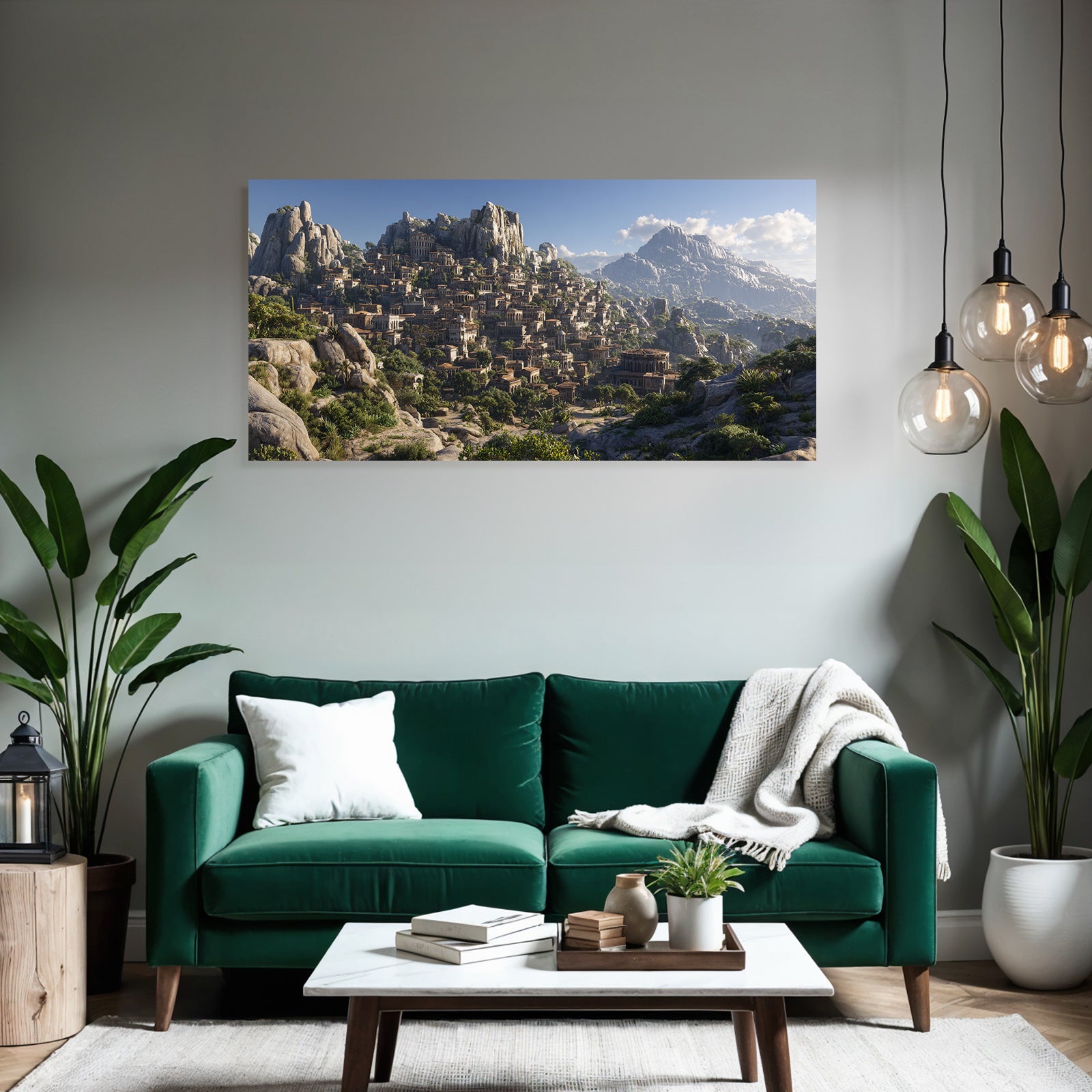 Old town in the mountains with green background