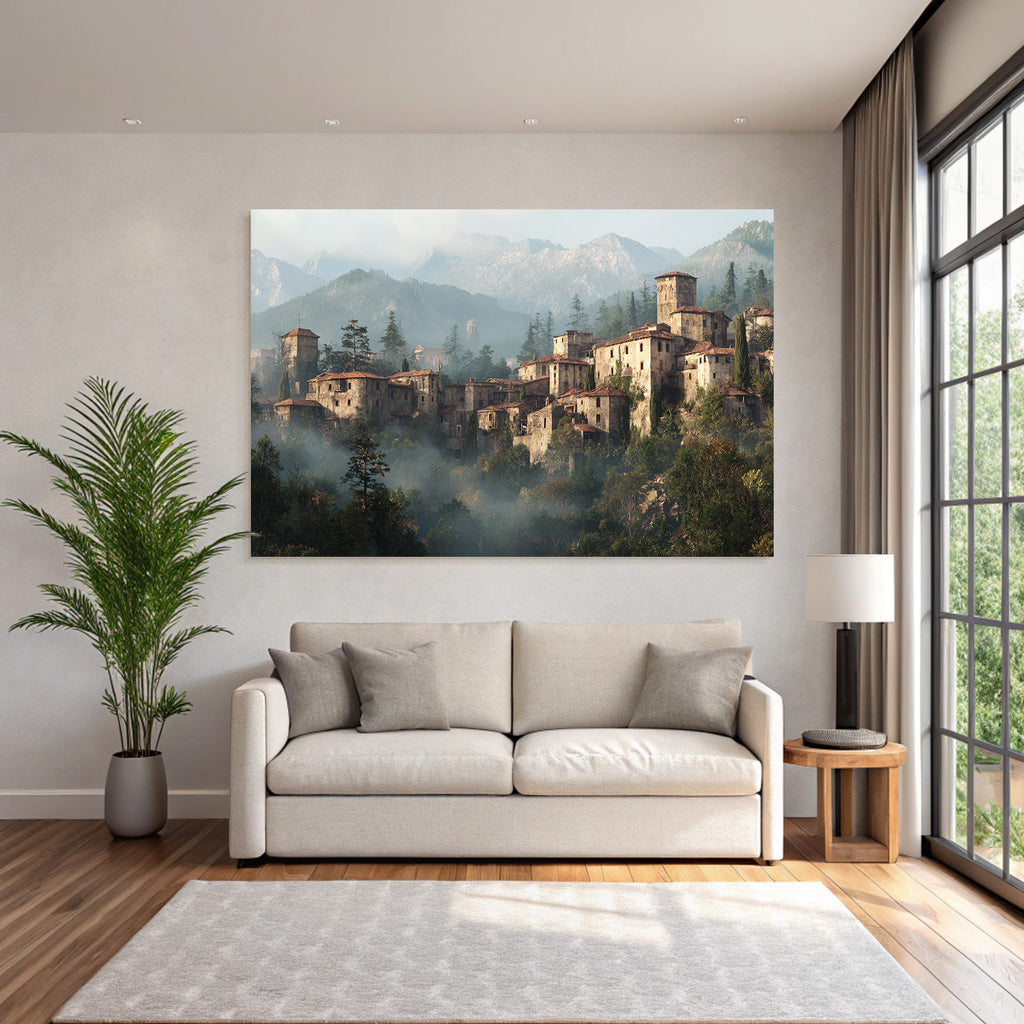 Old Village In The Mountains With Rustic And Mist