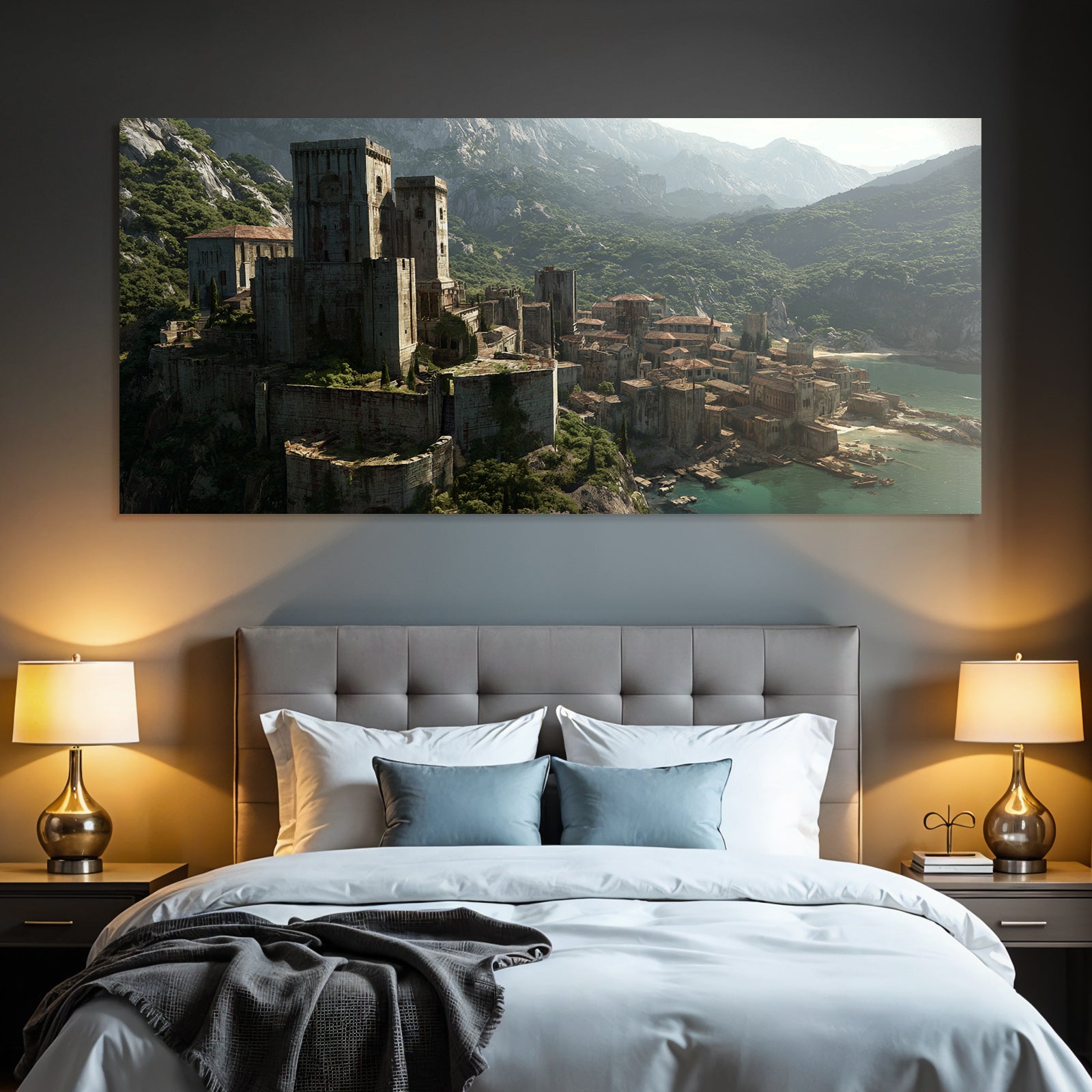 Castle and ruins over the sea with green background