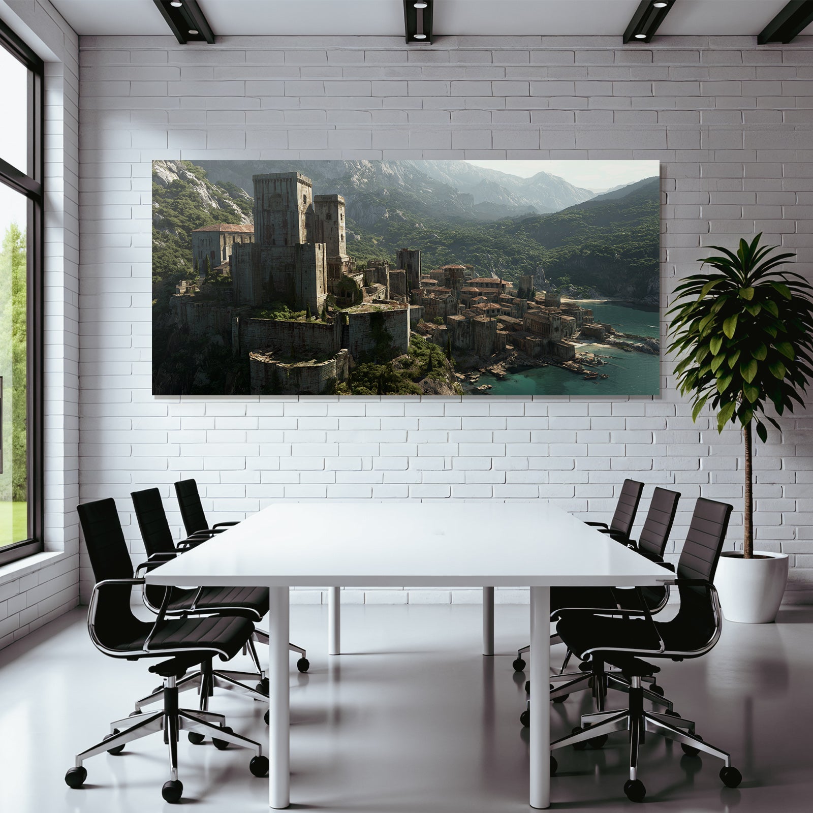 Castle and ruins over the sea with green background