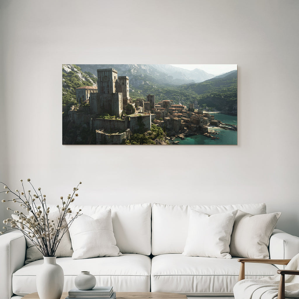 Castle and ruins over the sea with green background