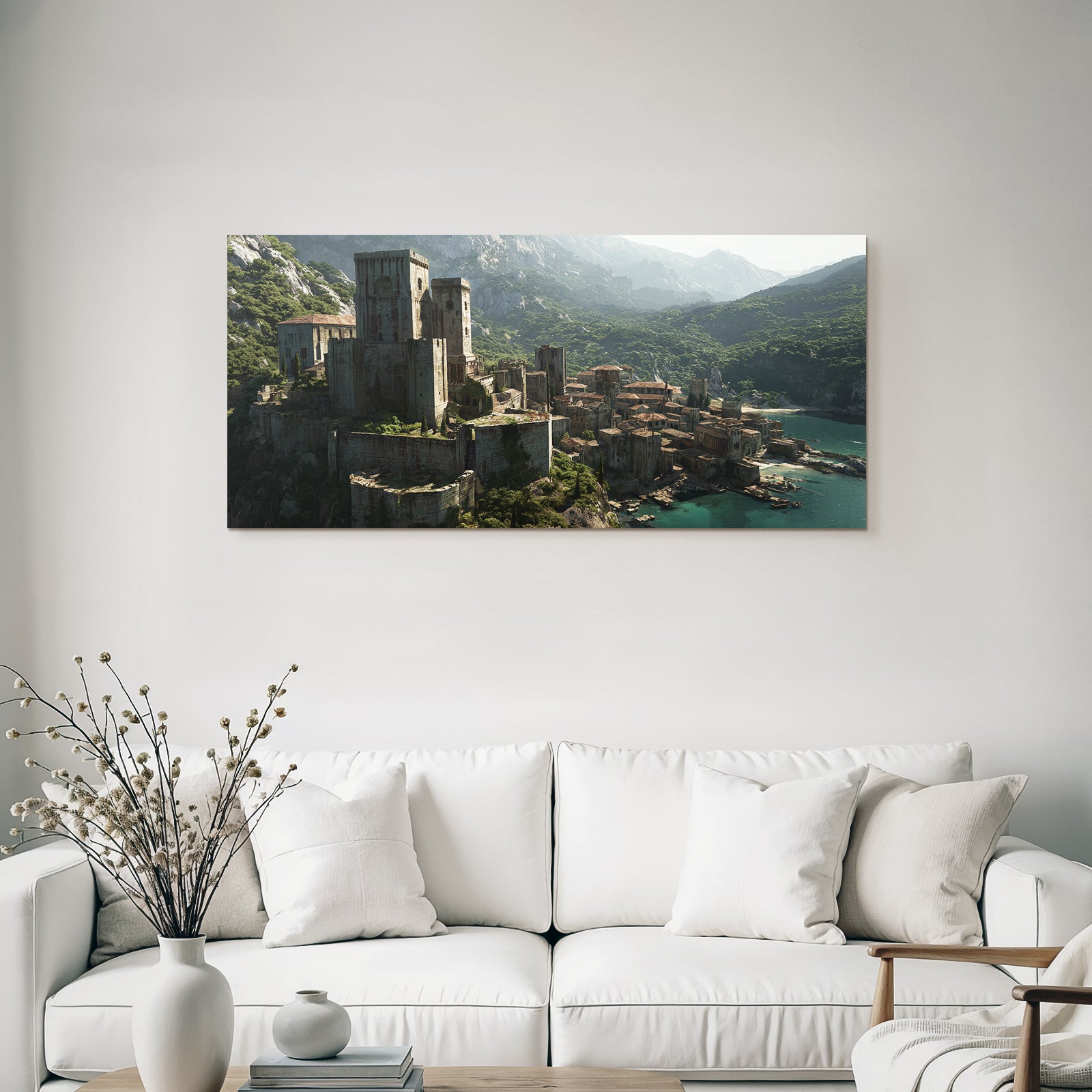 Castle and ruins over the sea with green background