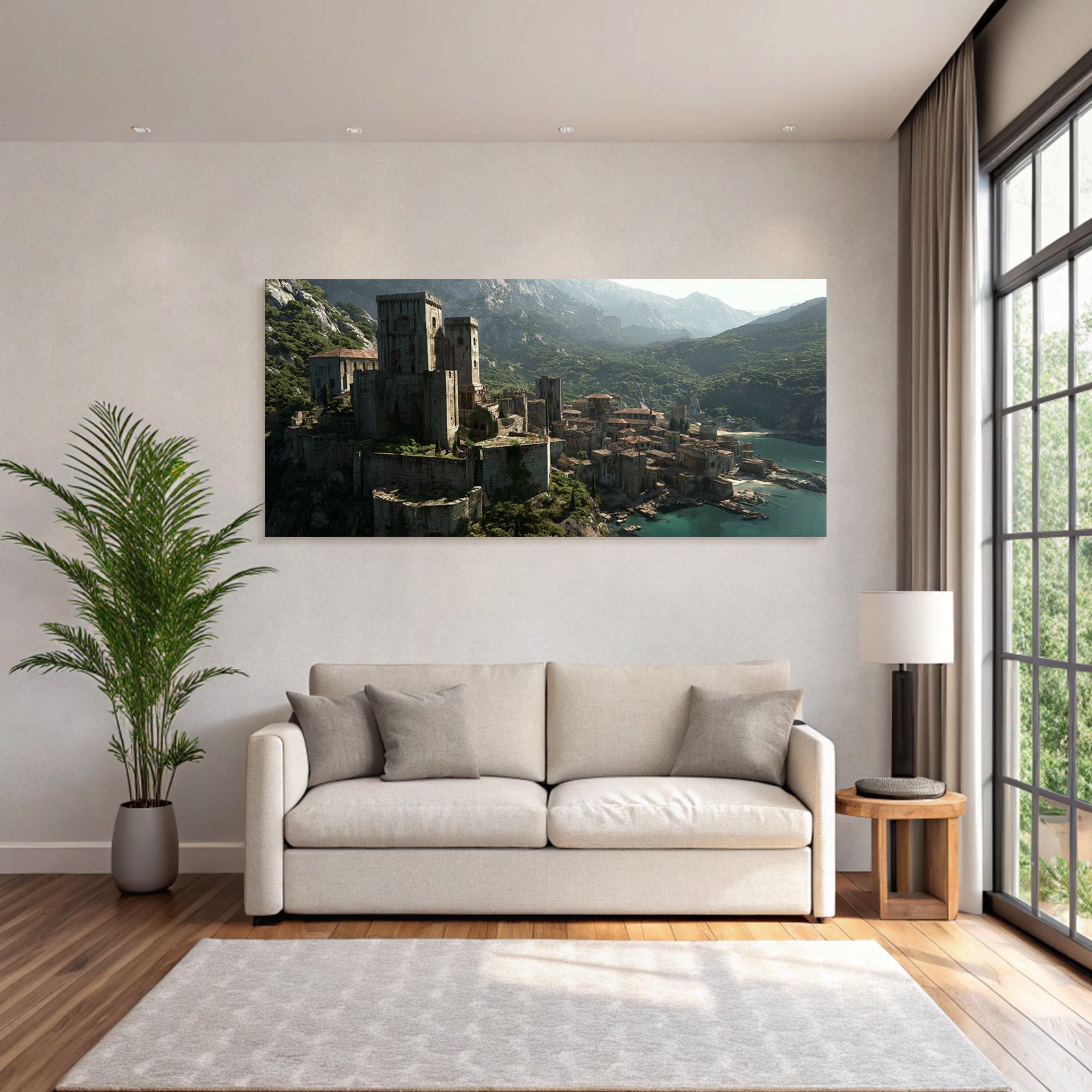 Castle and ruins over the sea with green background