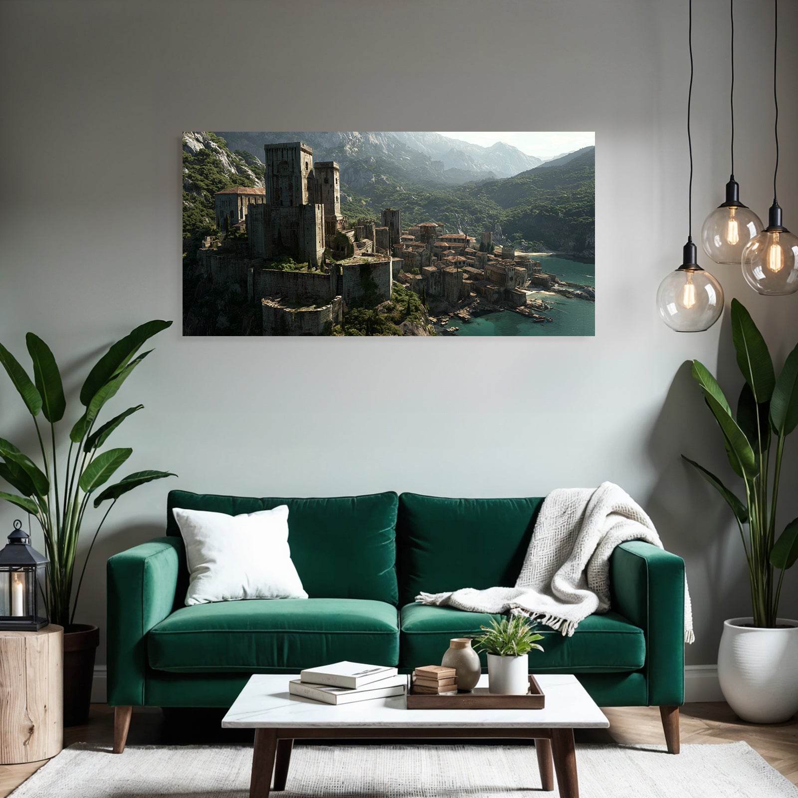 Castle and ruins over the sea with green background