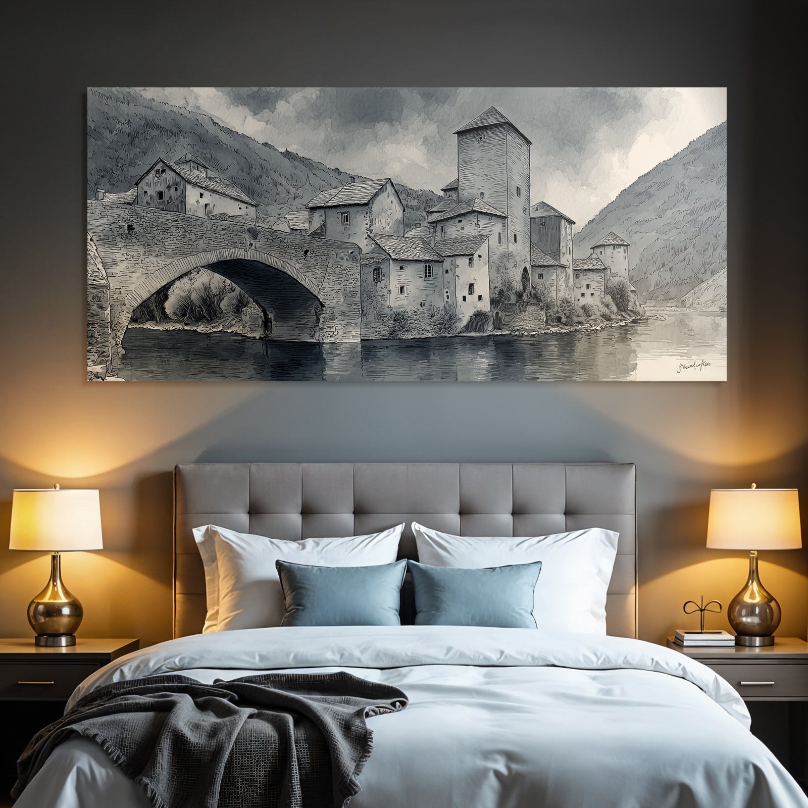 Village Scenes by the River with Bridge and Mountains