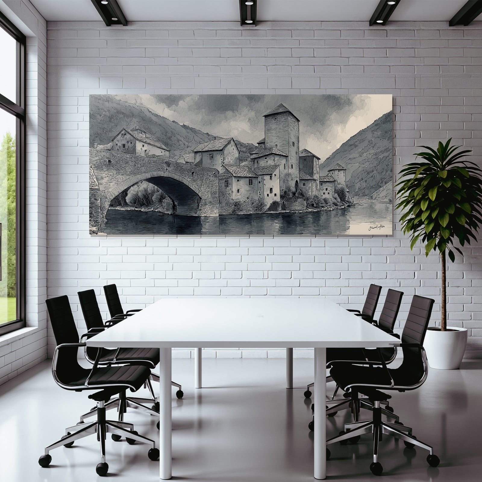 Village Scenes by the River with Bridge and Mountains