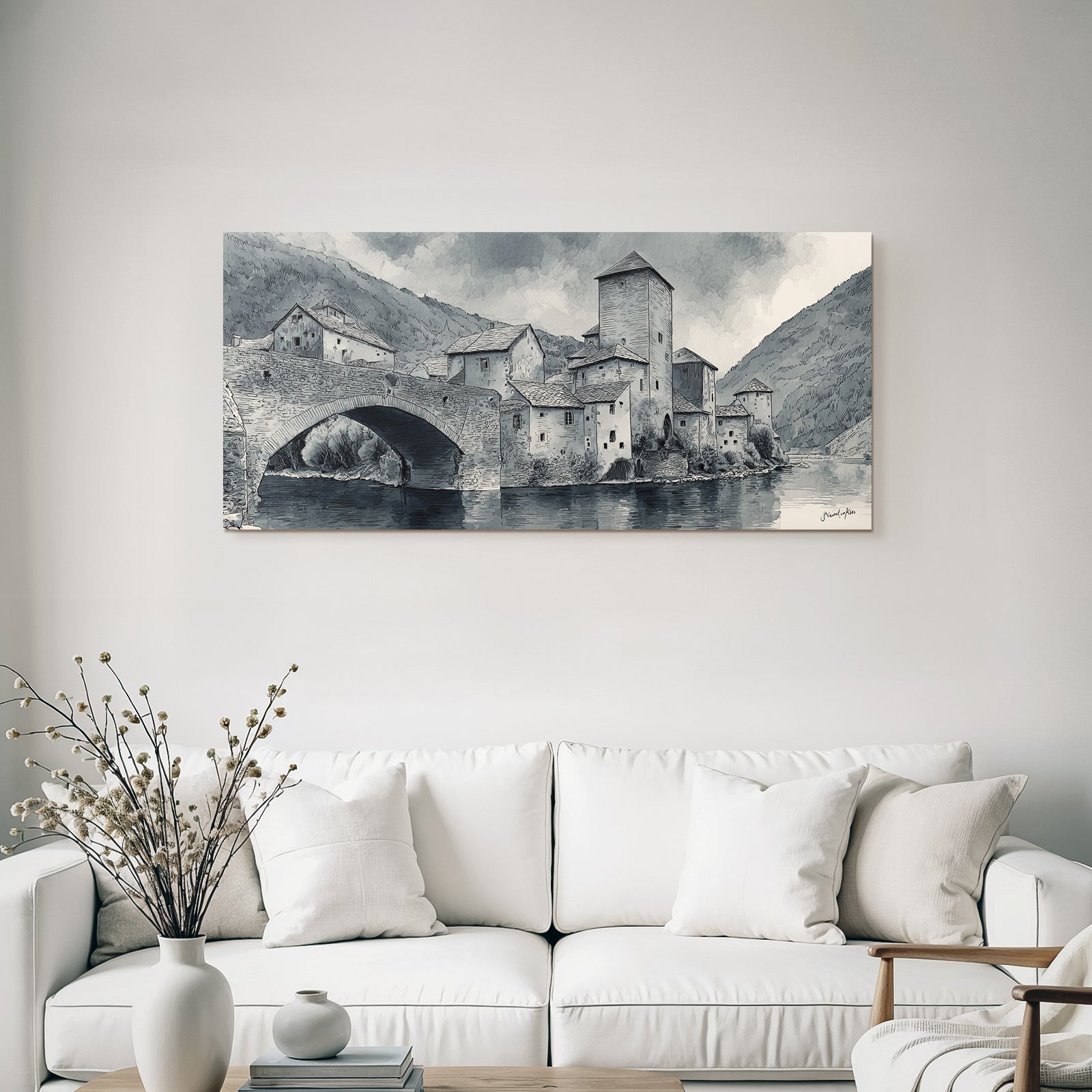 Village Scenes by the River with Bridge and Mountains