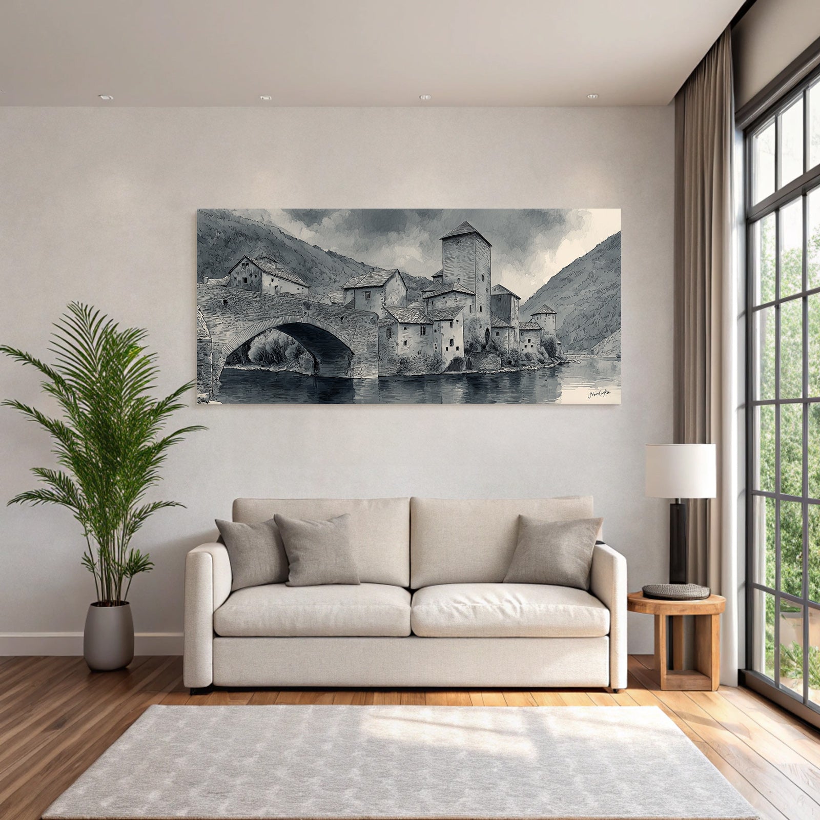 Village Scenes by the River with Bridge and Mountains