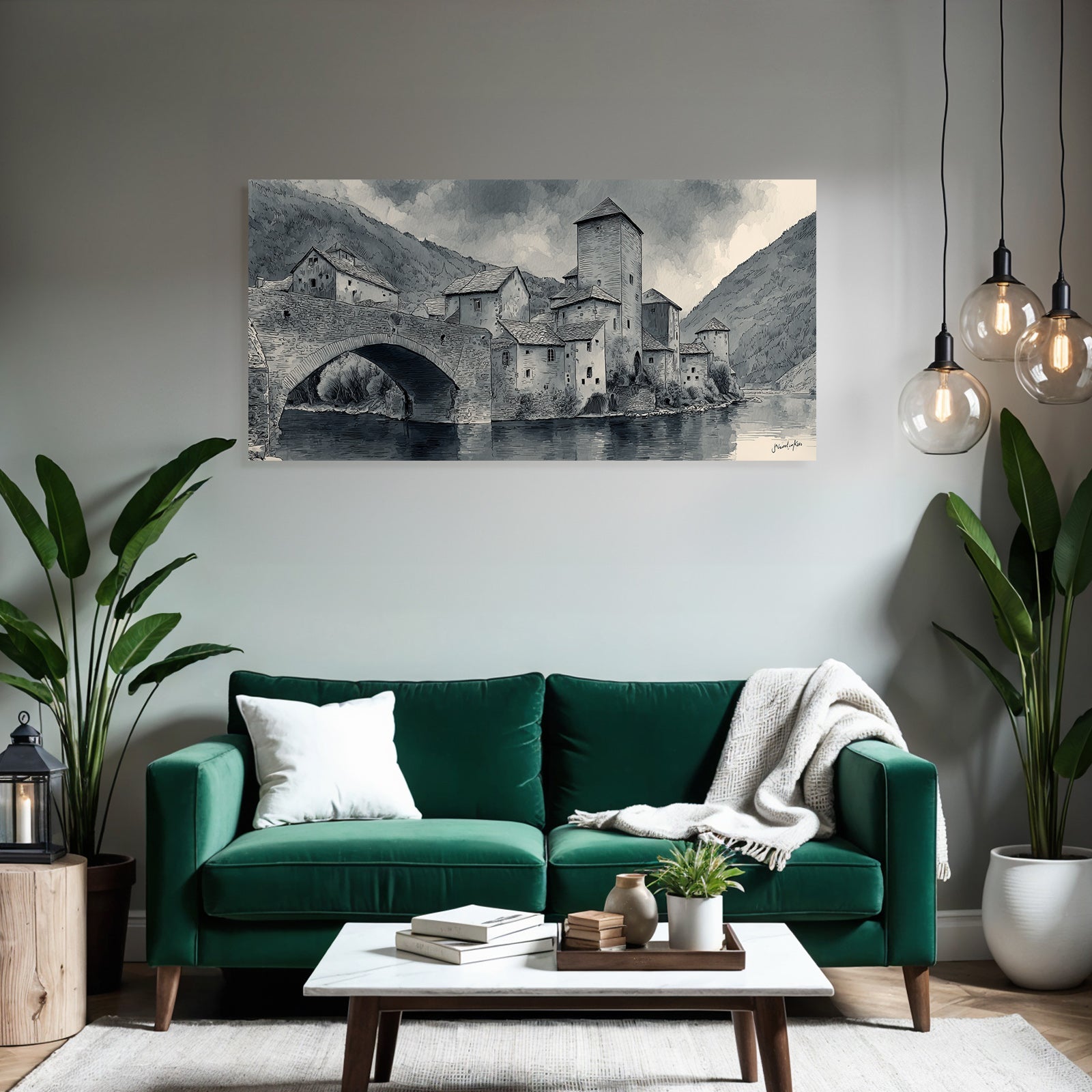 Village Scenes by the River with Bridge and Mountains