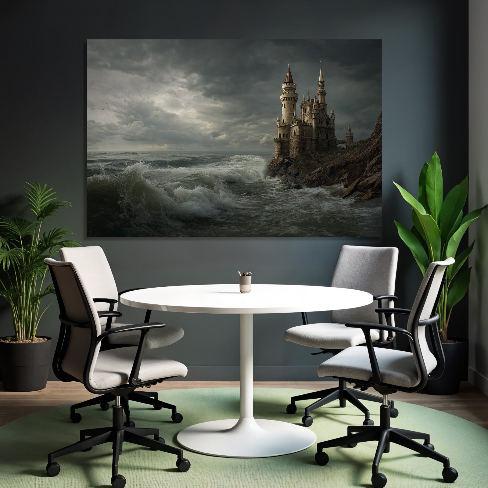 Dramatic coastal landscape with castle and storm clouds