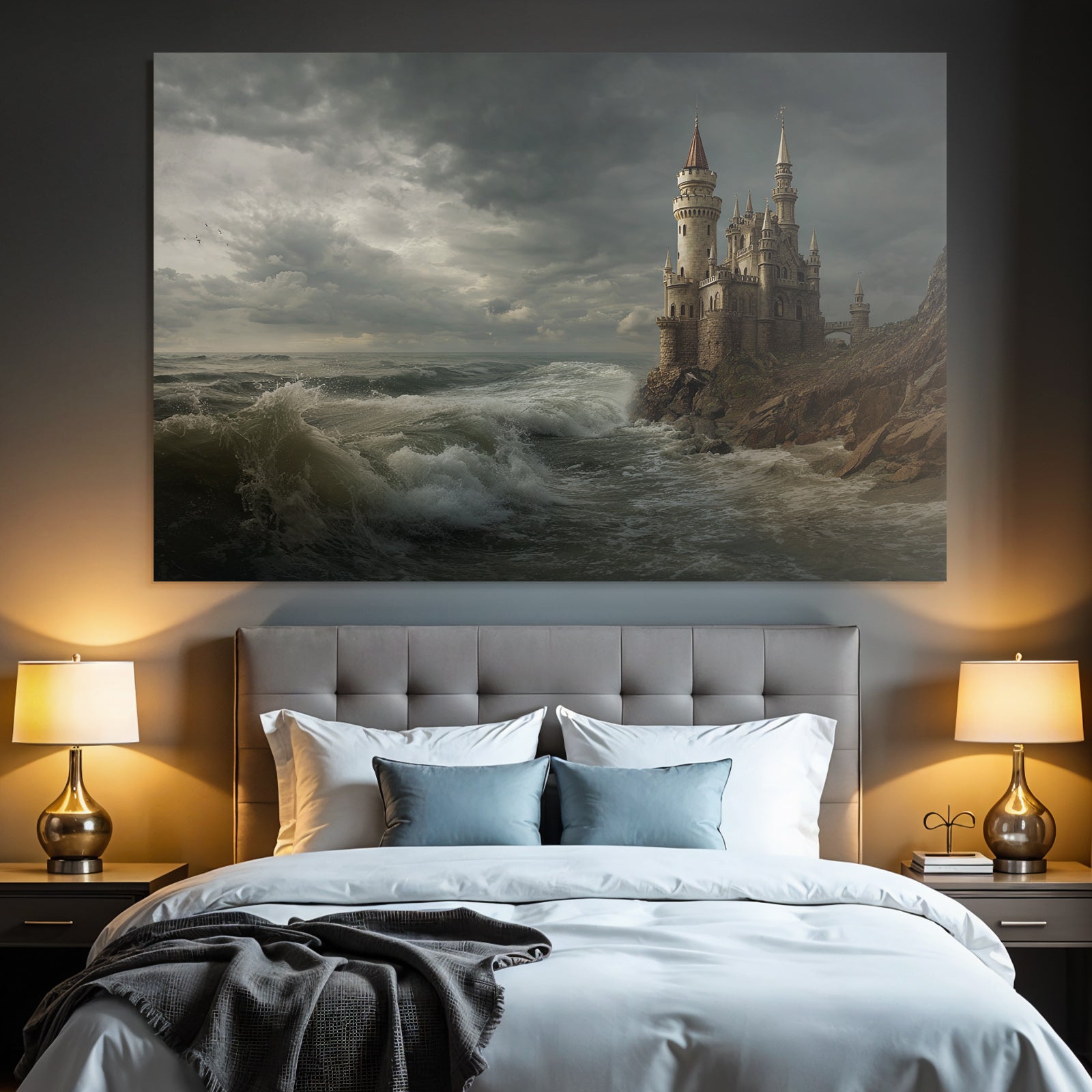 Dramatic coastal landscape with castle and storm clouds