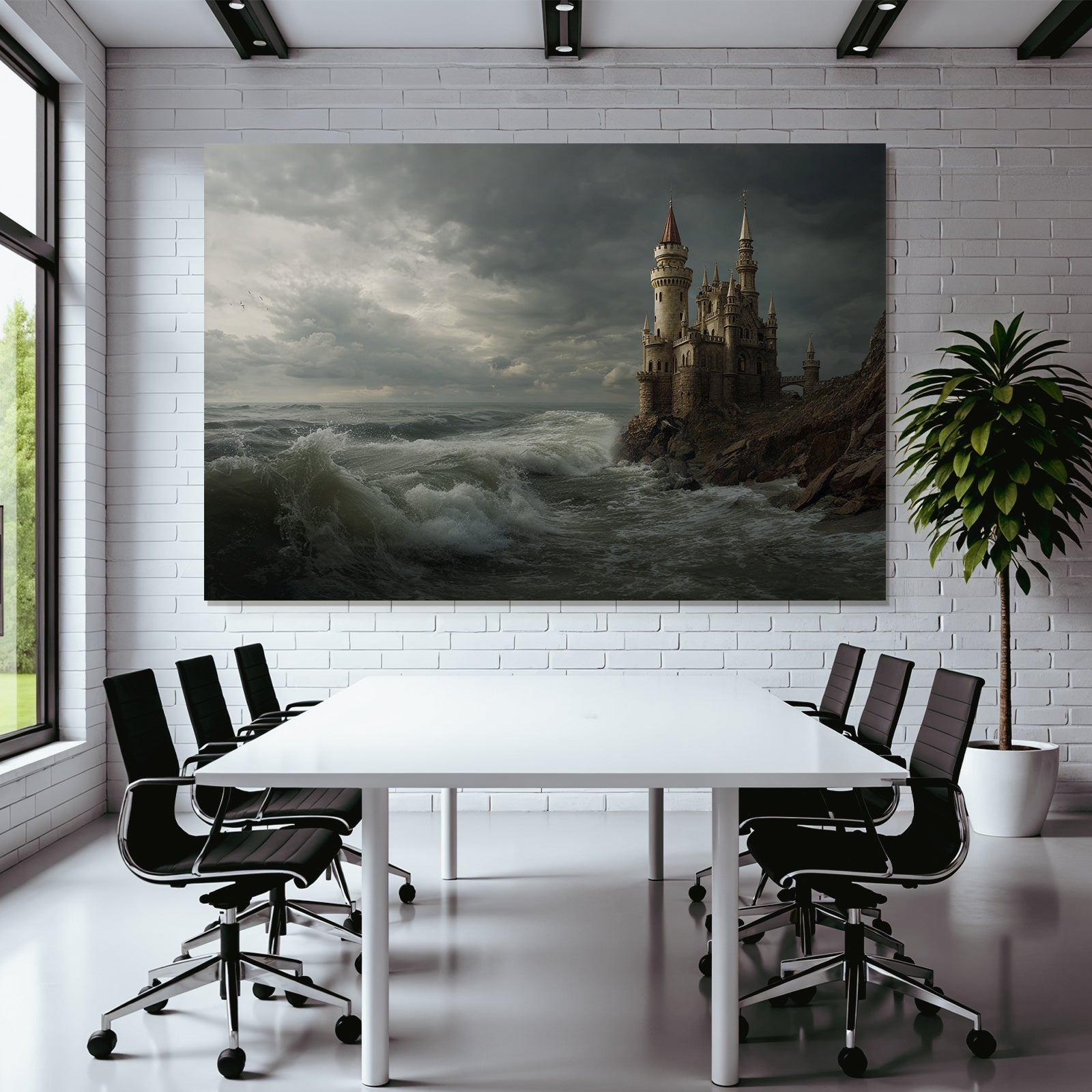 Dramatic coastal landscape with castle and storm clouds