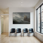 Dramatic coastal landscape with castle and storm clouds