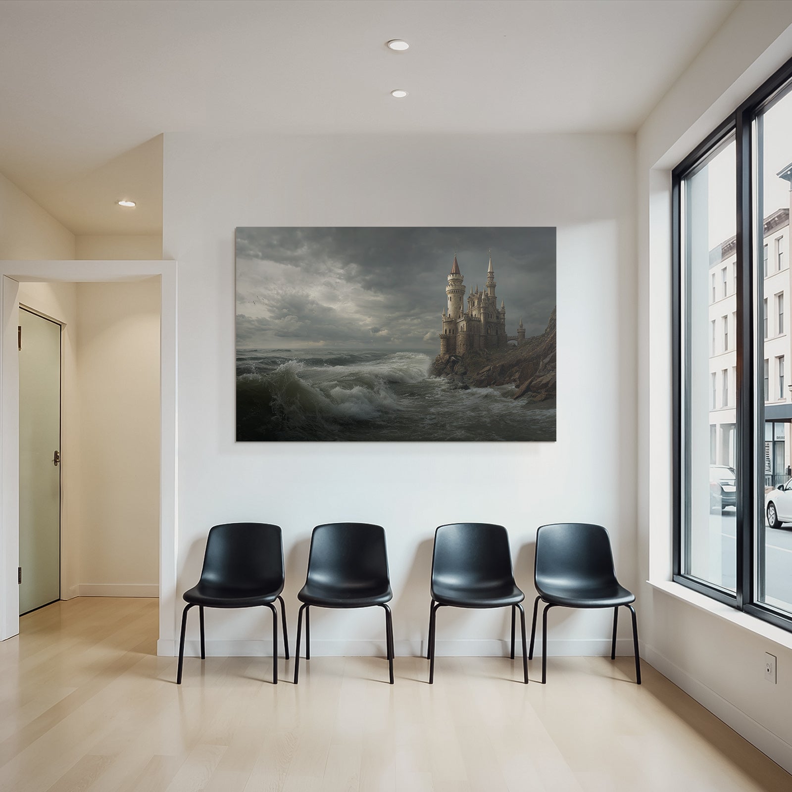 Dramatic coastal landscape with castle and storm clouds