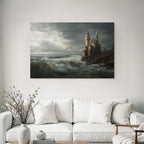 Dramatic coastal landscape with castle and storm clouds