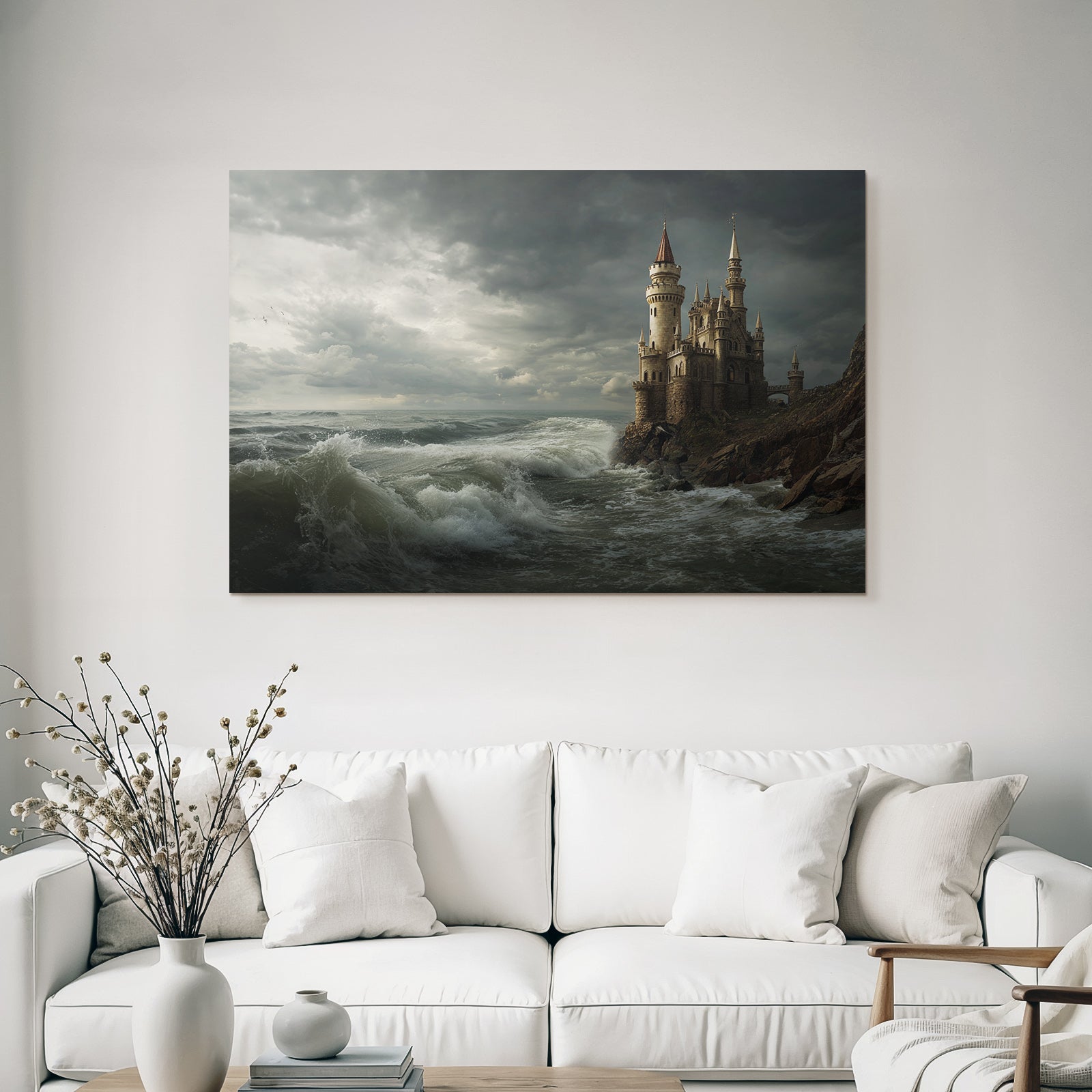 Dramatic coastal landscape with castle and storm clouds