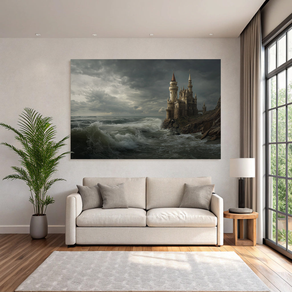 Dramatic coastal landscape with castle and storm clouds