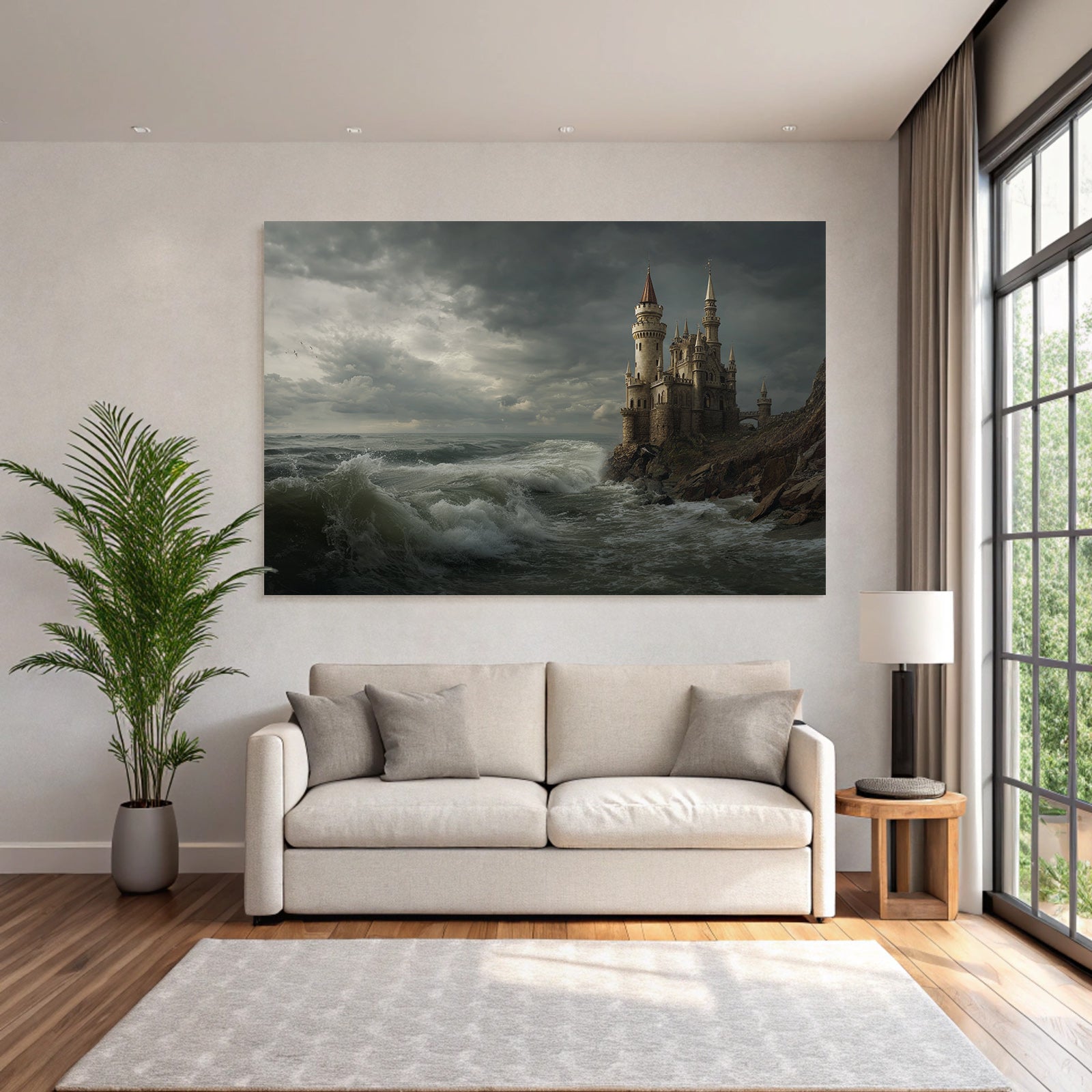Dramatic coastal landscape with castle and storm clouds