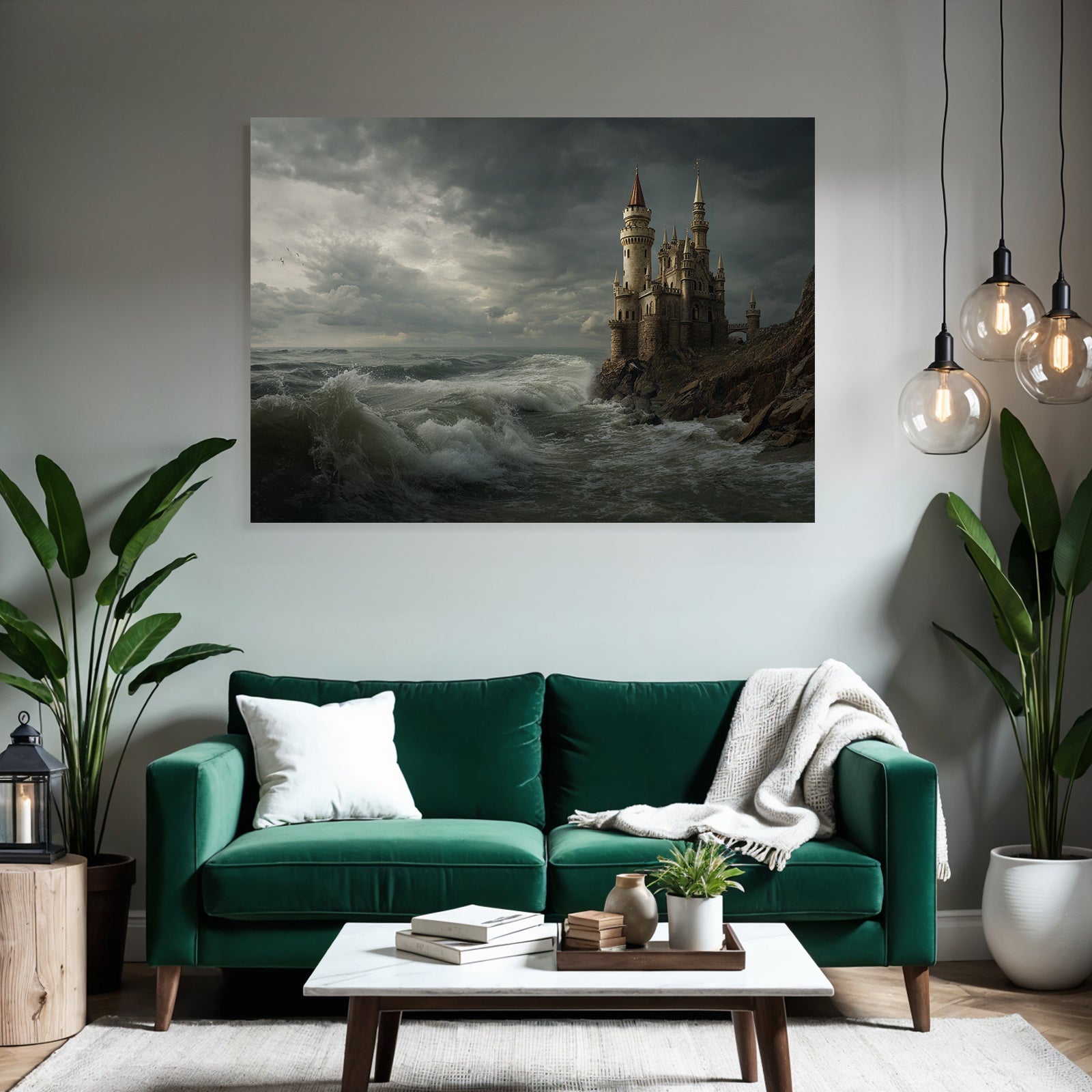Dramatic coastal landscape with castle and storm clouds