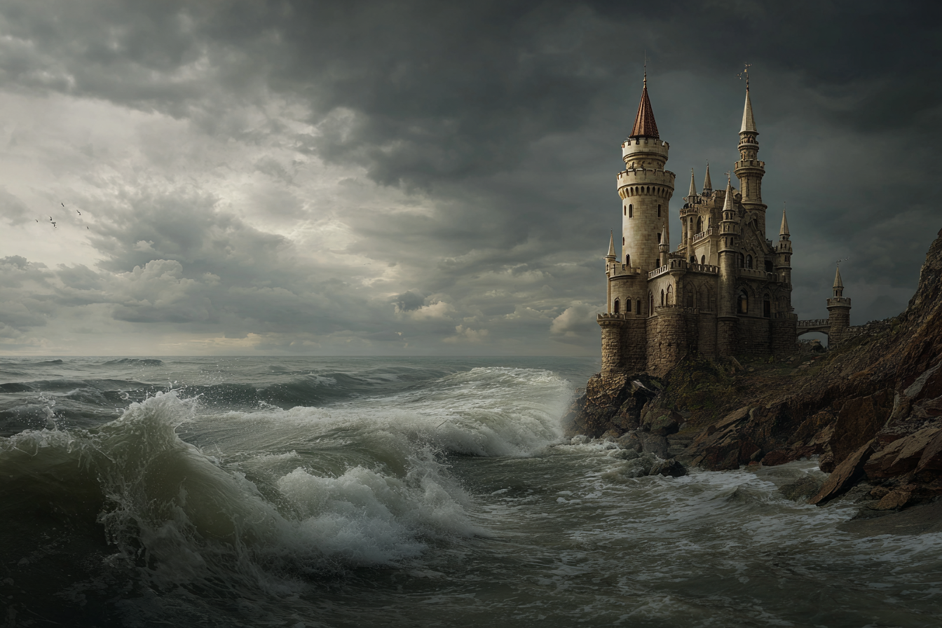 Dramatische Küstenlandschaft Mit Schloss Und Sturmwolken | Scloesser und Burgen | Architektur