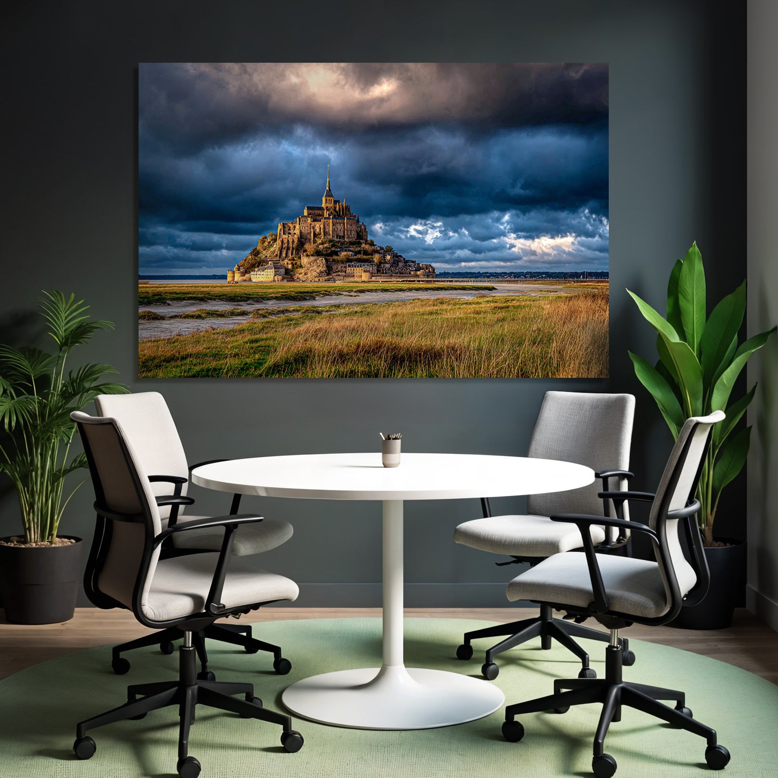Dramatic Landscape Historic Island Castle Or Abbey Stormy Sky