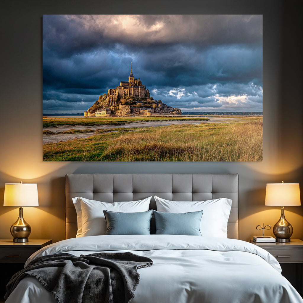Dramatic Landscape Historic Island Castle Or Abbey Stormy Sky