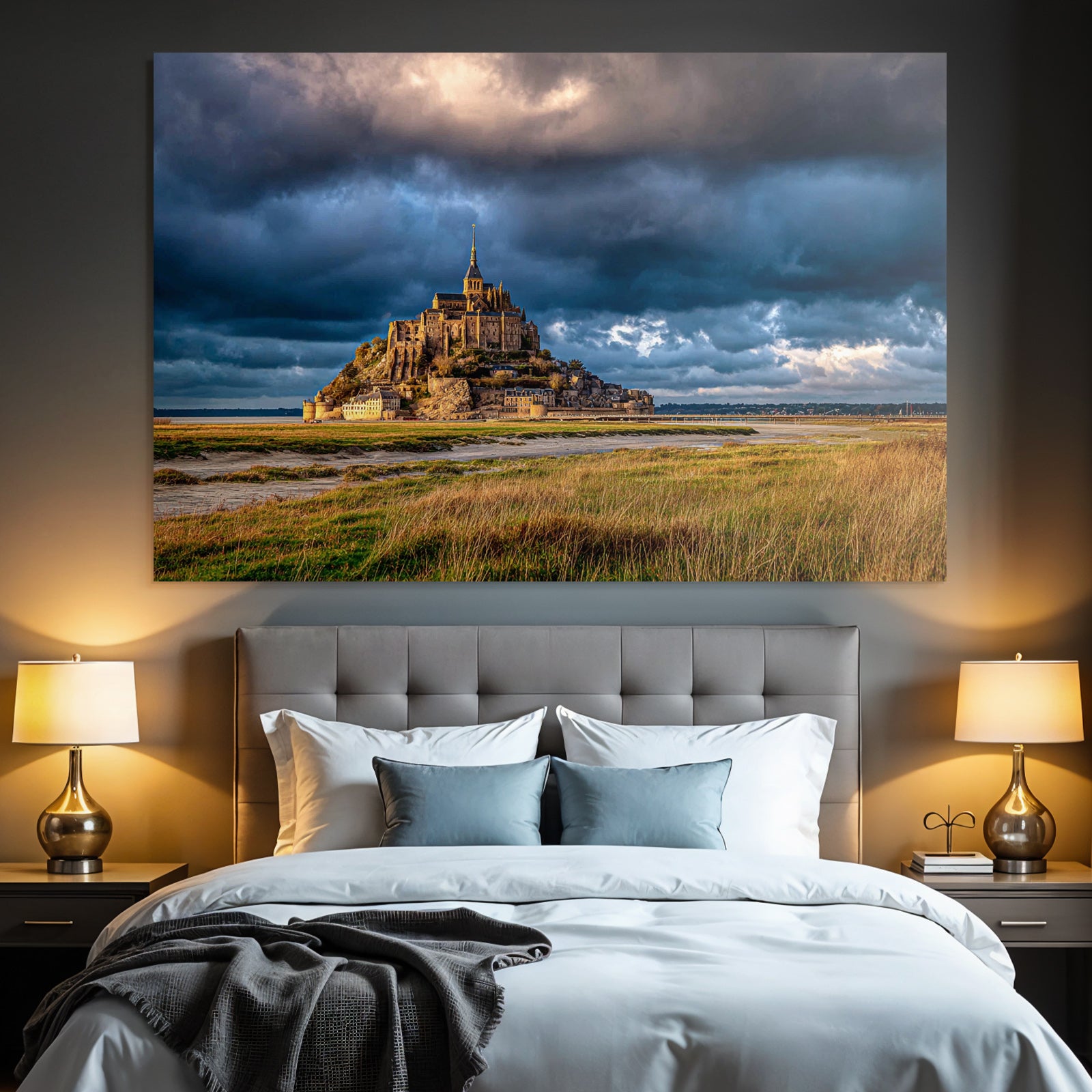 Dramatic Landscape Historic Island Castle Or Abbey Stormy Sky