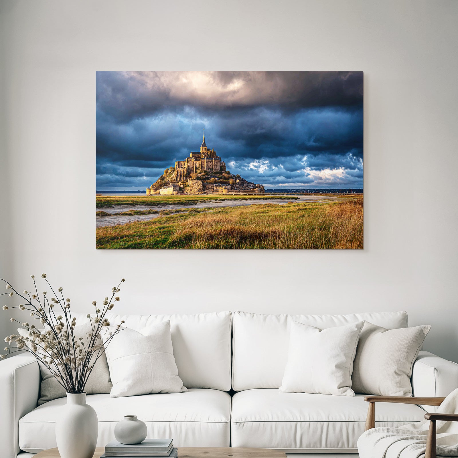 Dramatic Landscape Historic Island Castle Or Abbey Stormy Sky