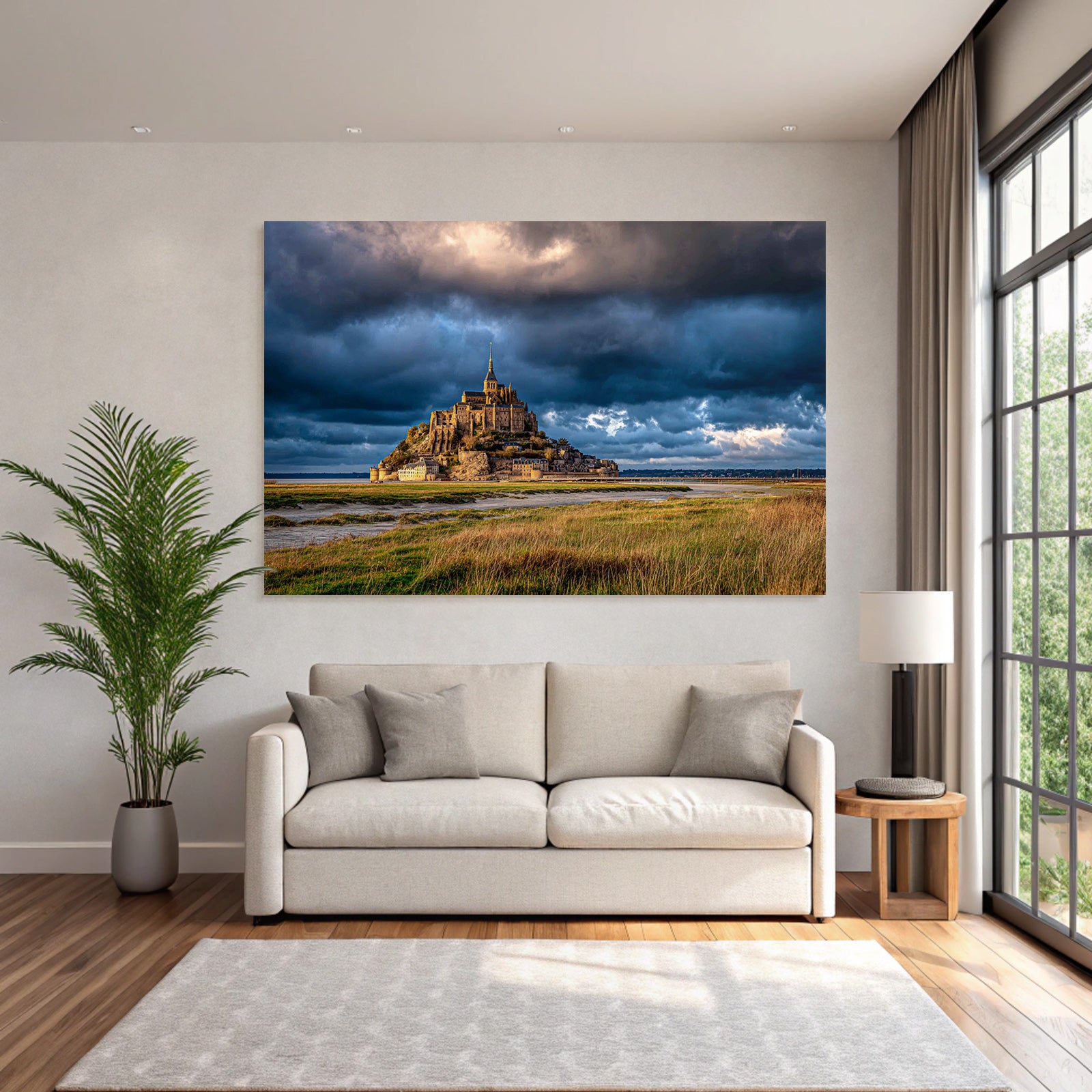 Dramatic Landscape Historic Island Castle Or Abbey Stormy Sky