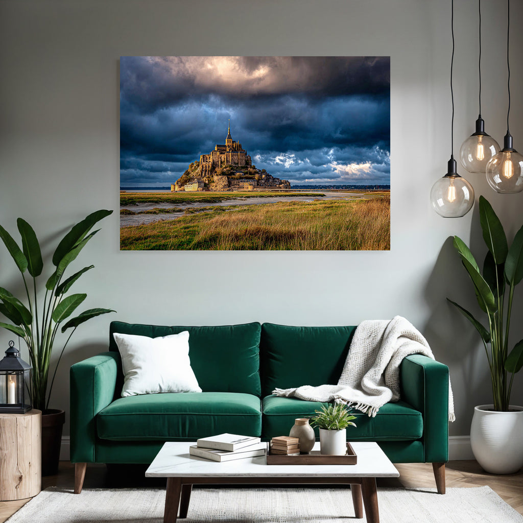 Dramatic Landscape Historic Island Castle Or Abbey Stormy Sky