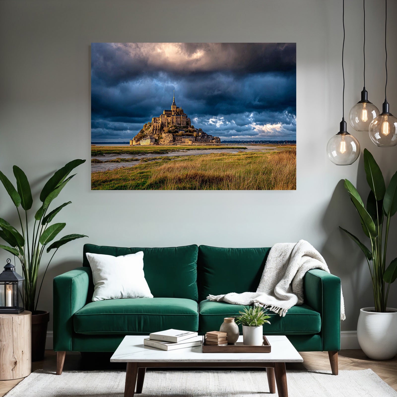 Dramatic Landscape Historic Island Castle Or Abbey Stormy Sky