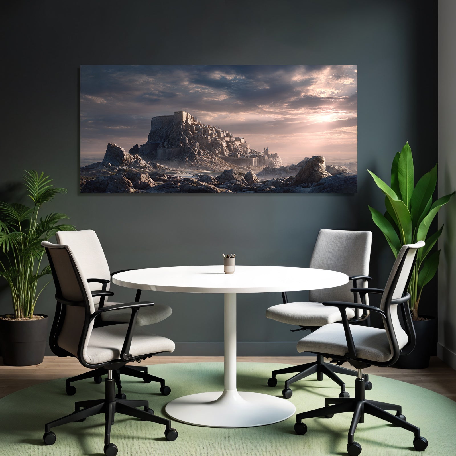 Dramatic landscape with castle on rock, mystical atmosphere